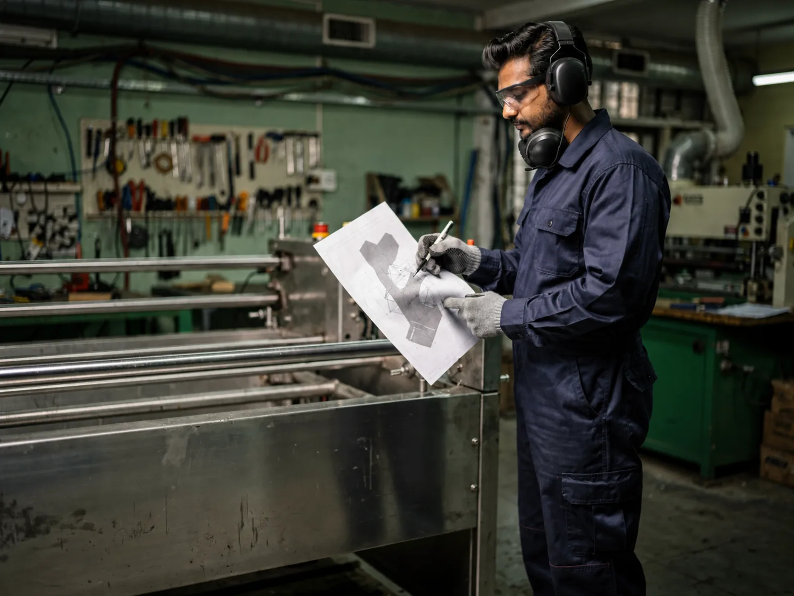 Representative scene of an engineer reviewing a technical drawing beside stainless-steel machinery in a workshop