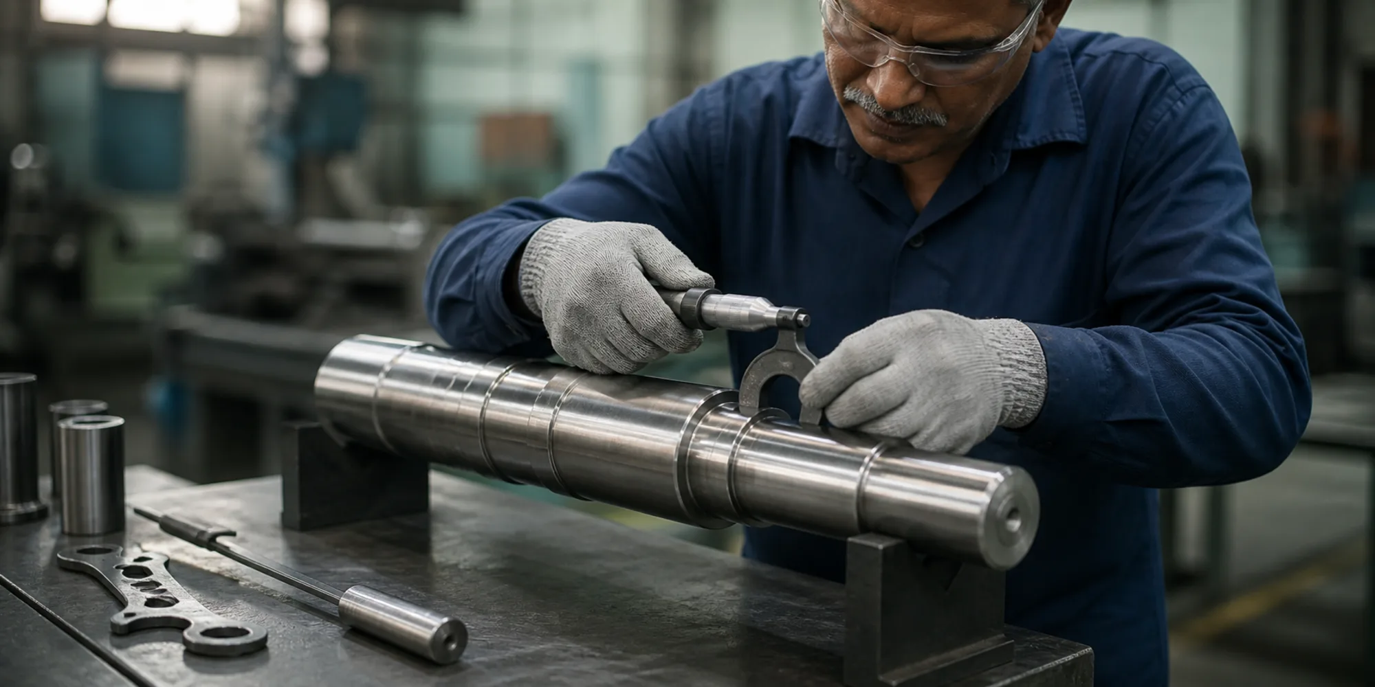 Representative close-up of hands measuring a precision-machined component with a caliper