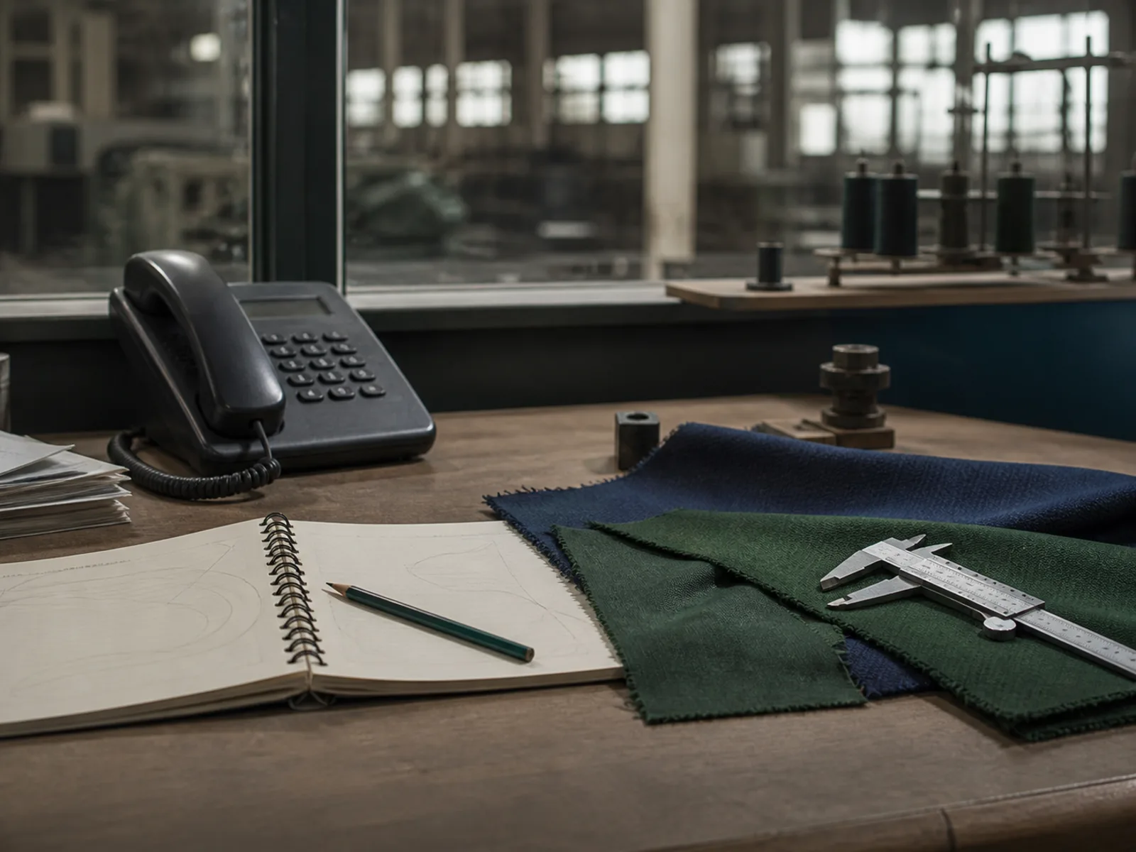 Fabric swatches, caliper, notebook and phone arranged on an engineering workbench