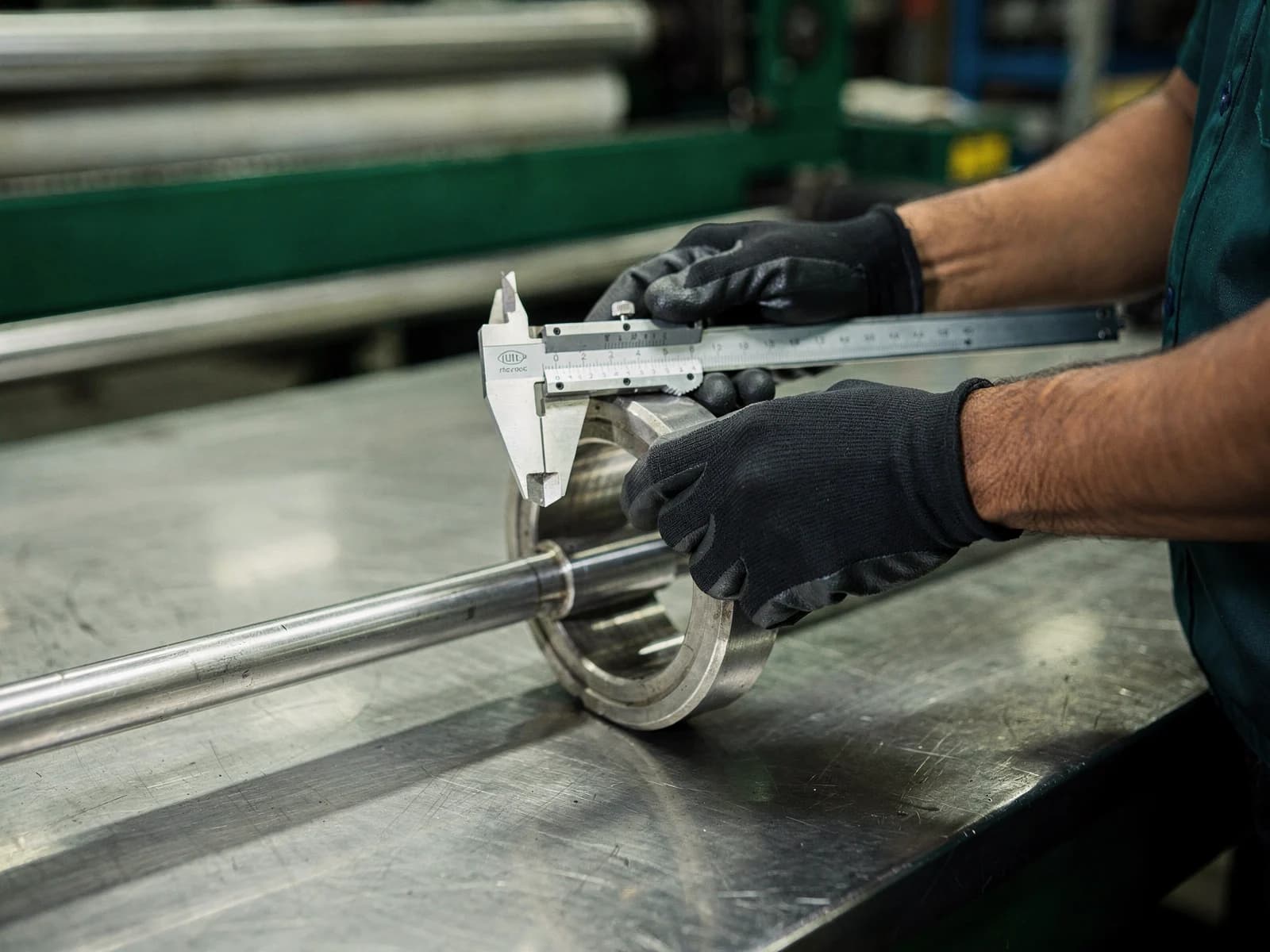 Hands checking the dimensions of a stainless-steel roller component in a textile machinery workshop