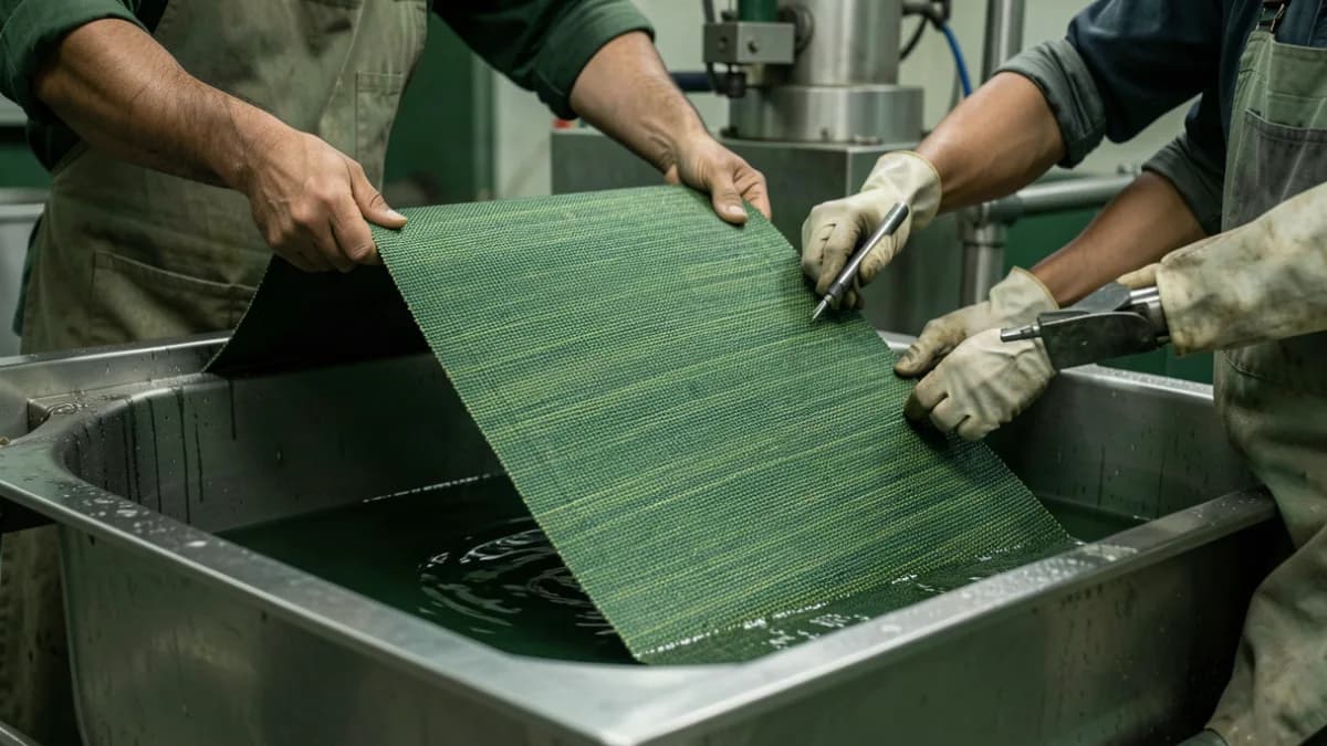 Open-width dyed fabric passing through a compact textile dye bath