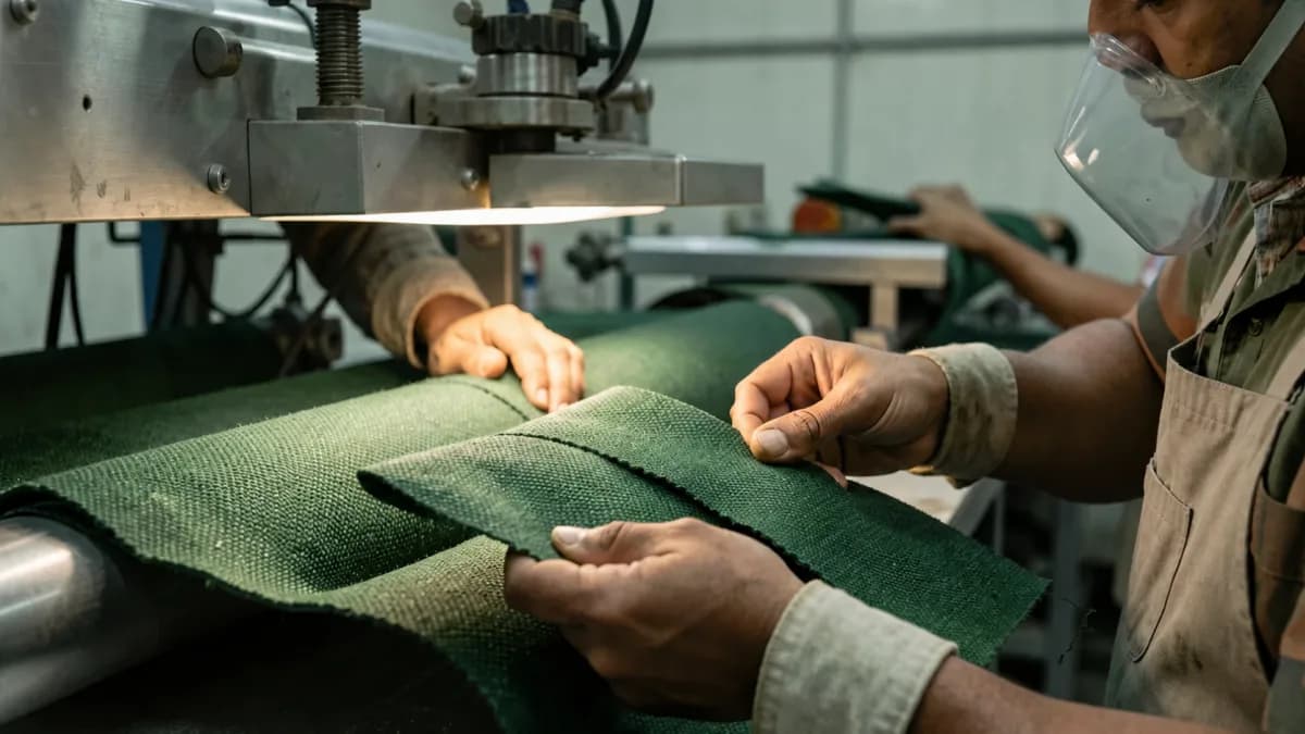 Technician comparing matching dyed woven textile swatches under neutral inspection light