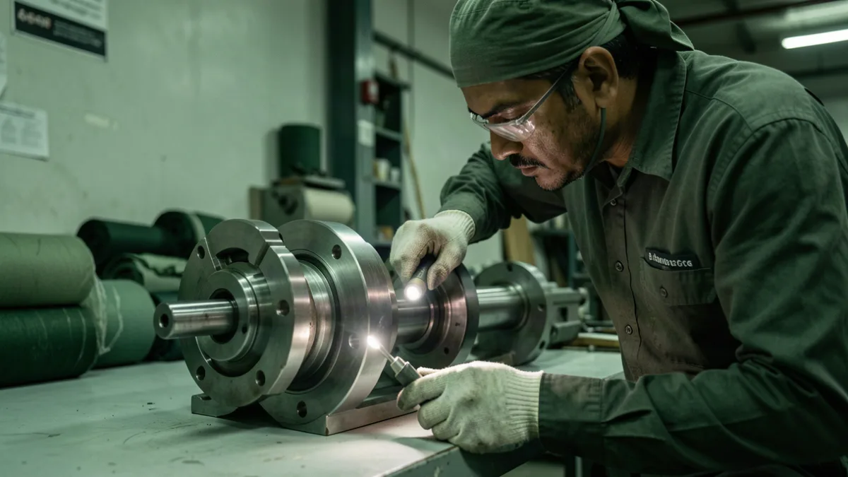 Gloved technician inspecting a stainless-steel roller bearing assembly