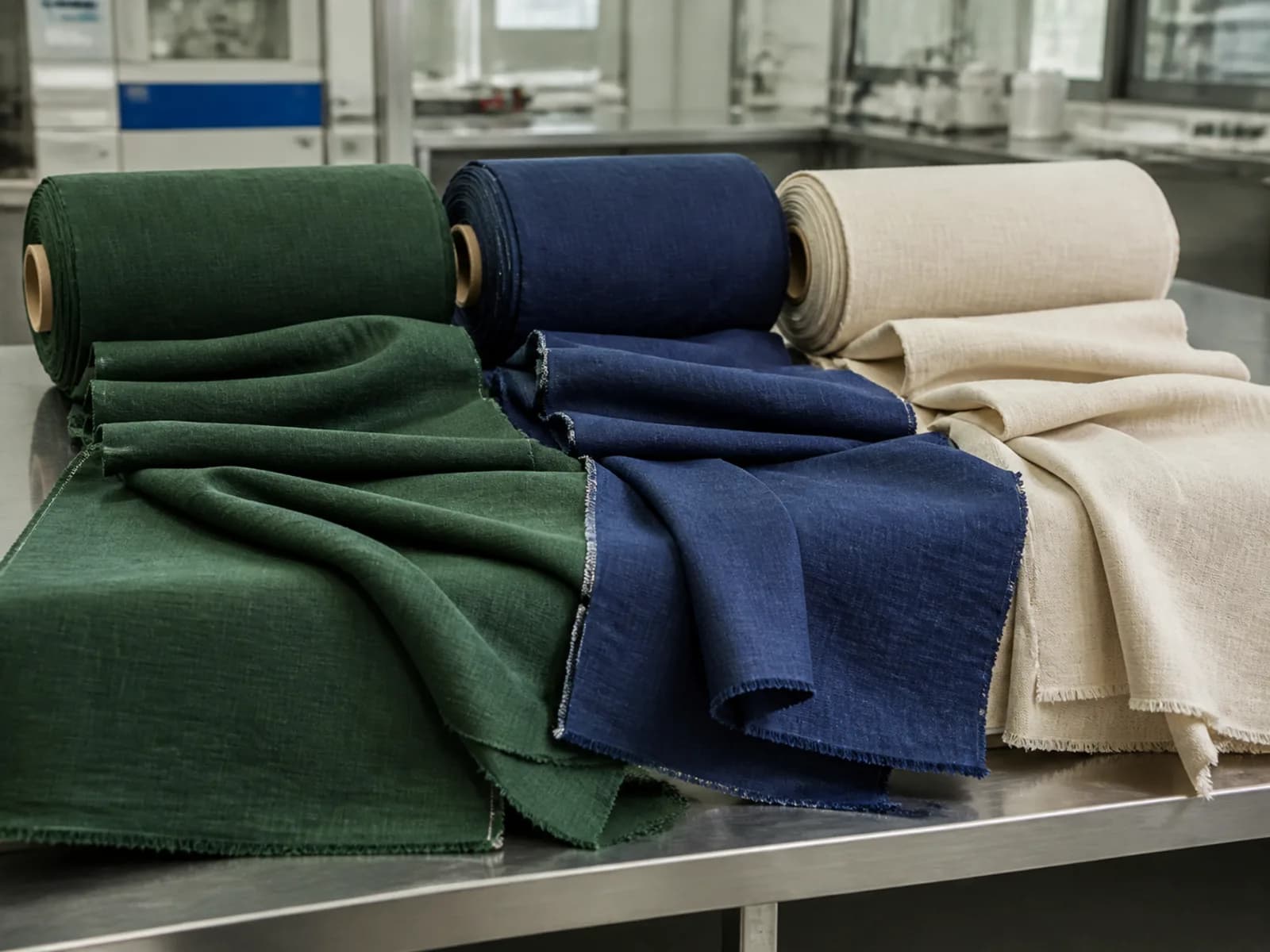 Open-width woven fabrics in green, indigo and natural tones arranged for process selection