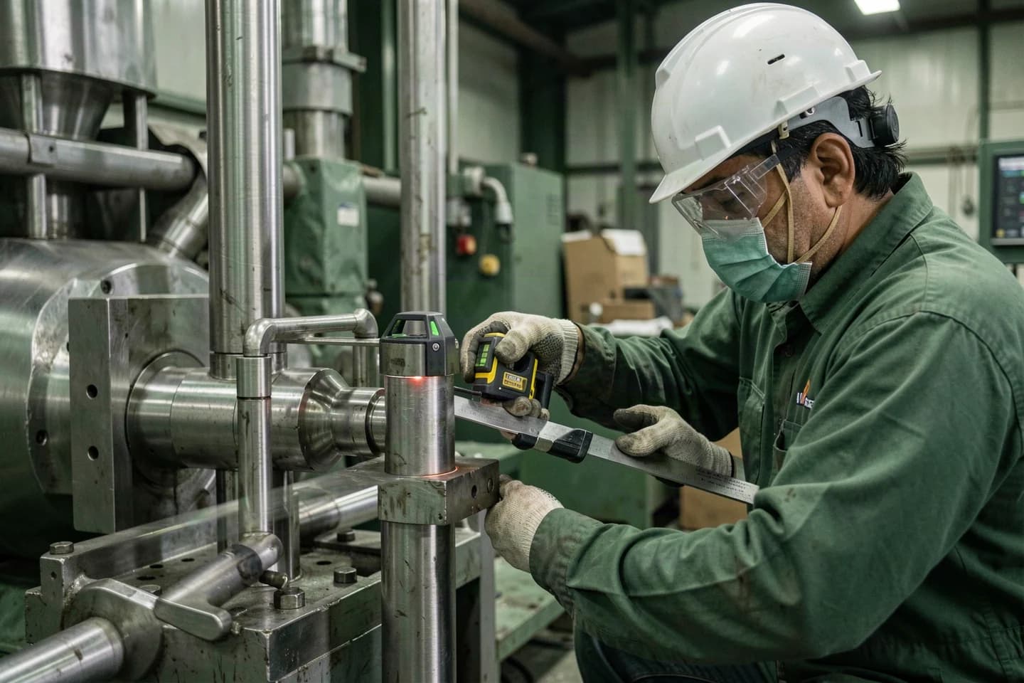 Technician checking equipment alignment with a laser level during commissioning.