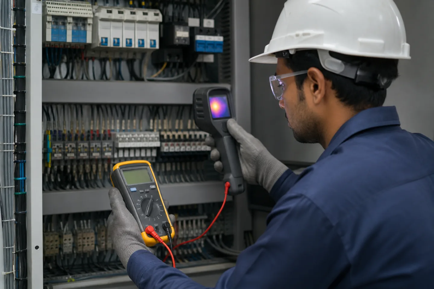Technician testing an electrical control cabinet with a multimeter.
