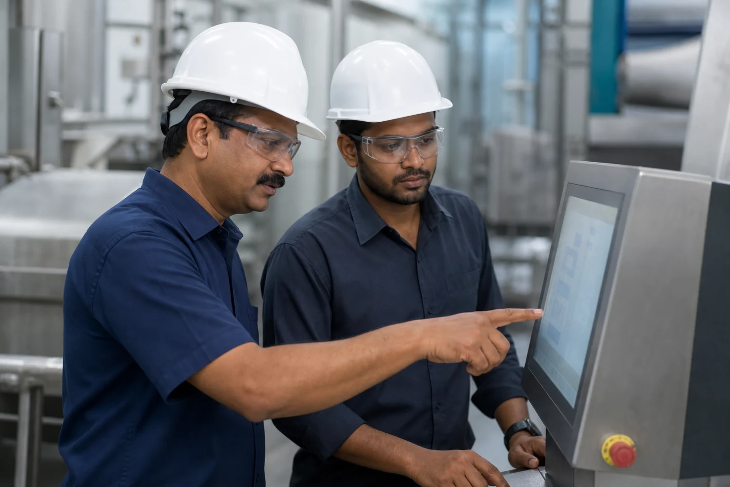 Service engineer guiding an operator through an industrial control interface.