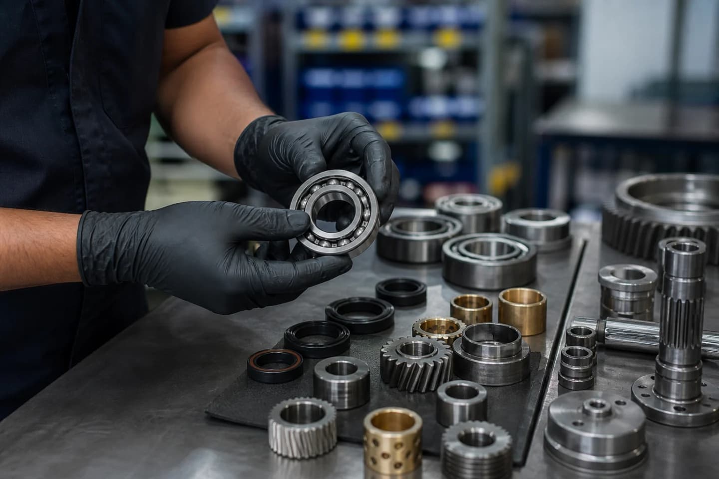 Bearings, seals and gears arranged on a clean service-parts workbench.