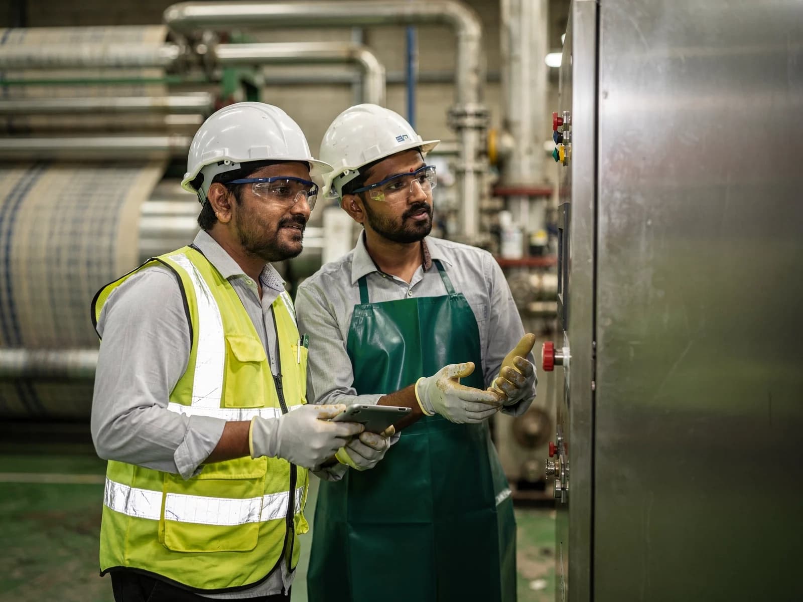 Representative scene of a service engineer and plant operator reviewing equipment diagnostics together.