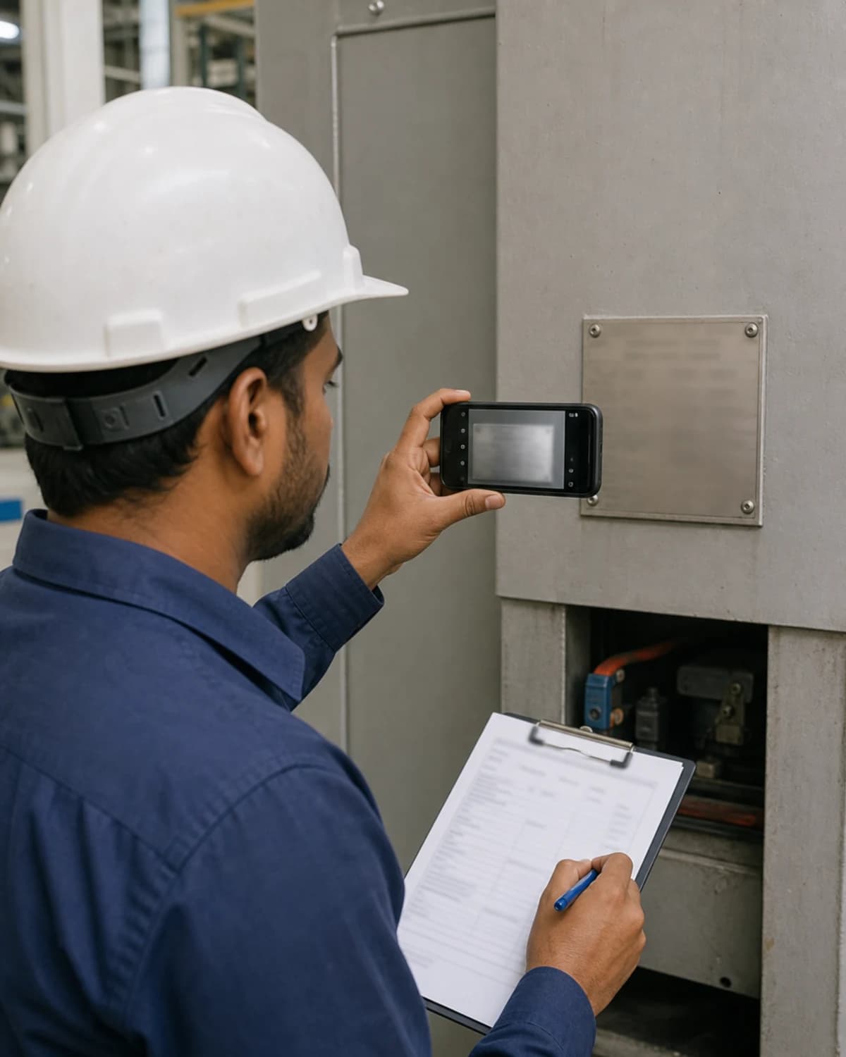 Technician photographing an equipment identification plate while preparing a service request.
