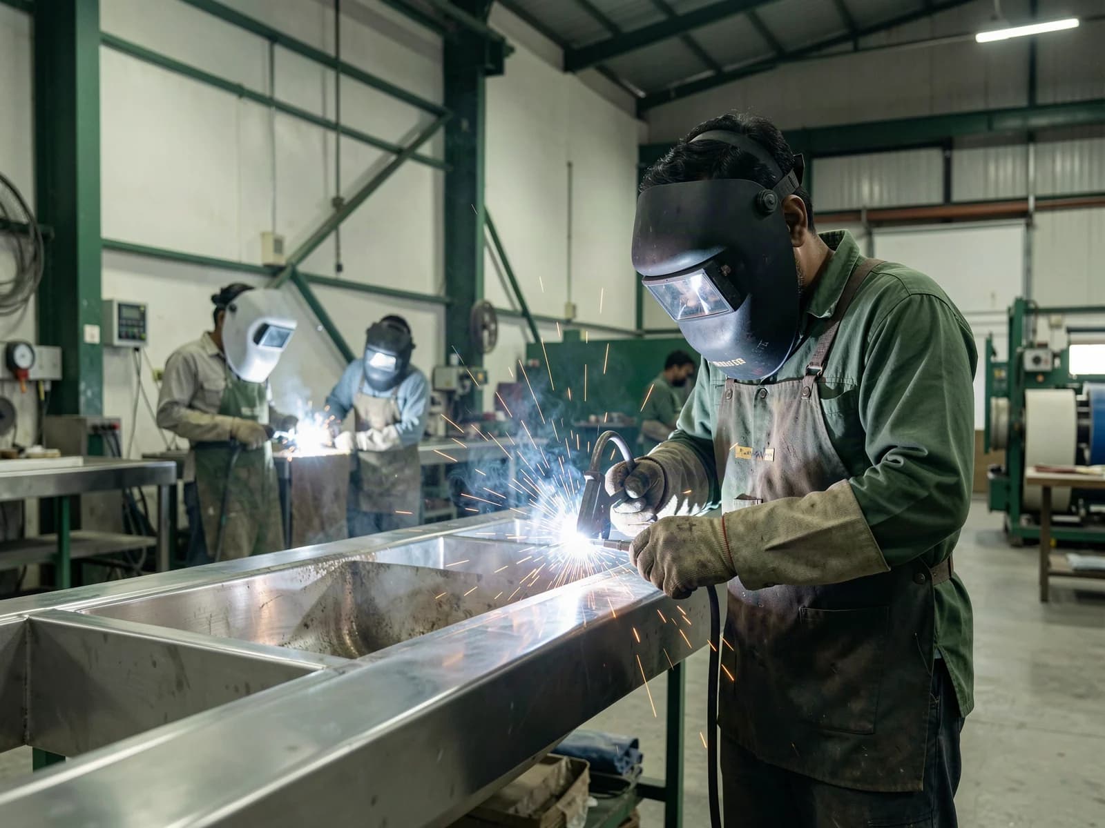 Representative scene of a fabricator working on a stainless-steel assembly in an industrial workshop.