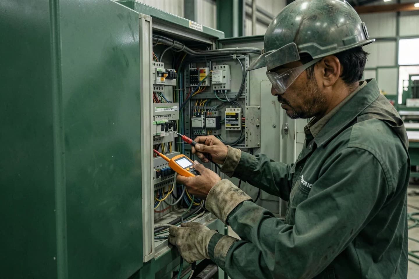 Controls technician testing connections inside an industrial electrical cabinet.