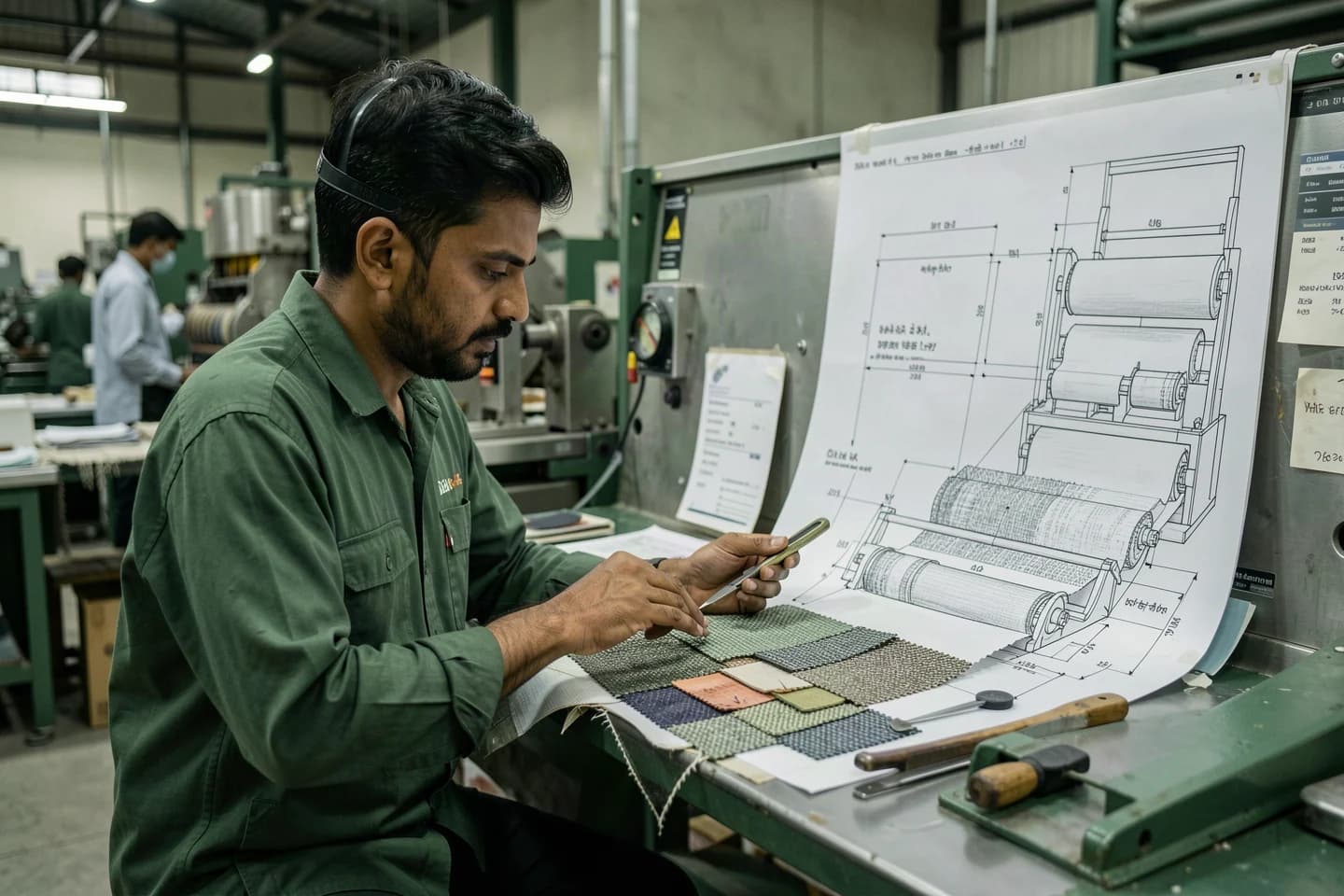 Engineer reviewing production specifications alongside fabric samples and a technical drawing.
