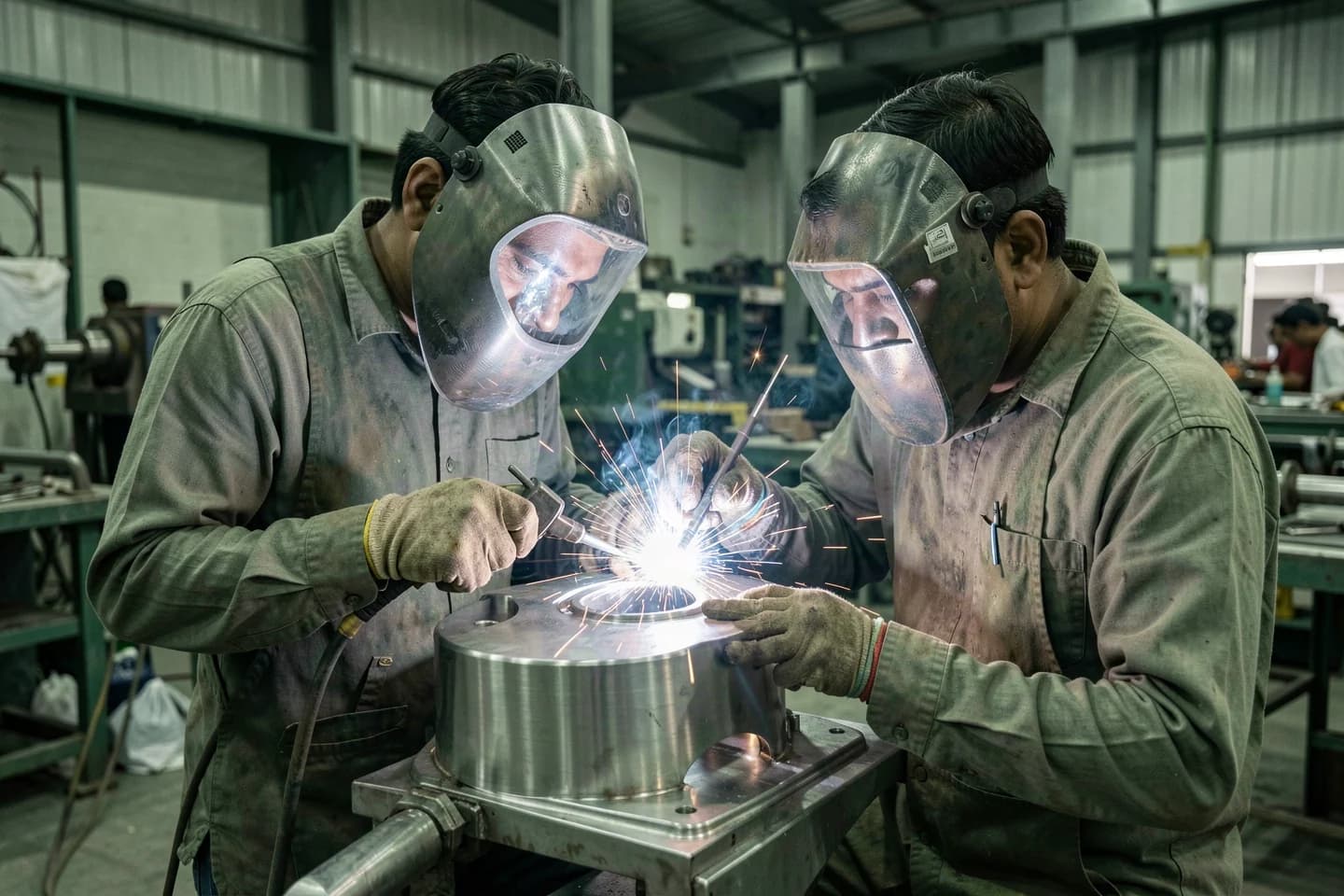 Fabricator welding a stainless-steel assembly in a precision engineering workshop.
