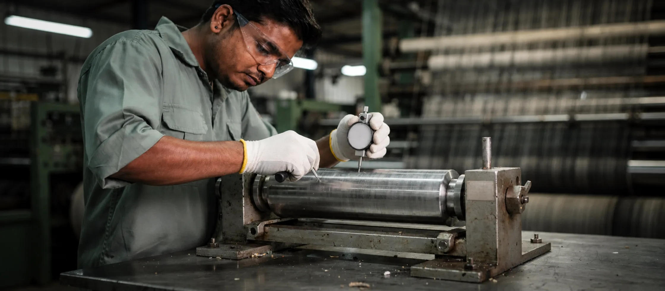 Quality technician checking the alignment of a polished industrial roller with a precision gauge.